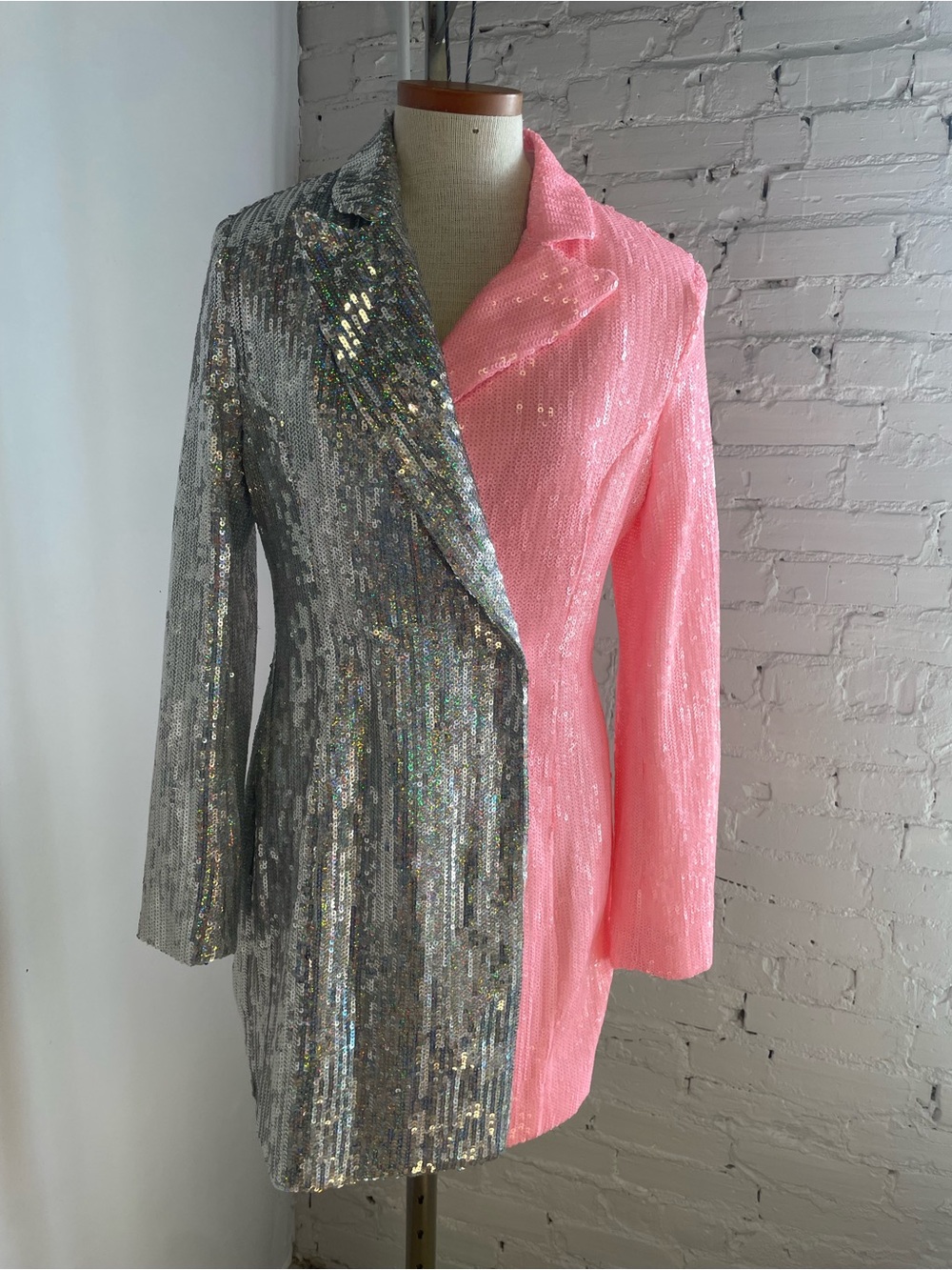 Sequin Half-&-Half Blazer Jacket in Silver and Pink